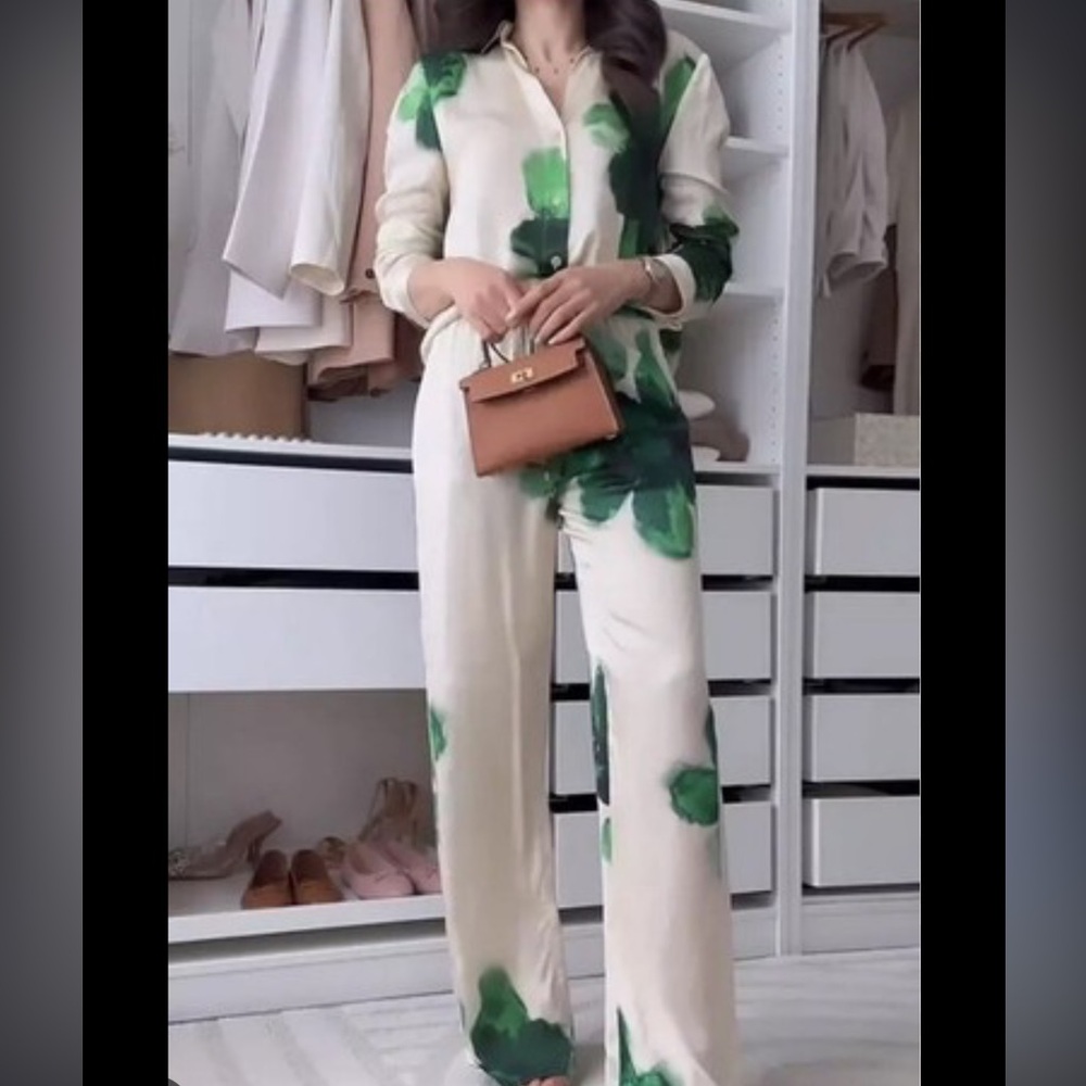 Zara Satin Cream Wide-Leg Set Pants and Blouse with Green Floral Accents